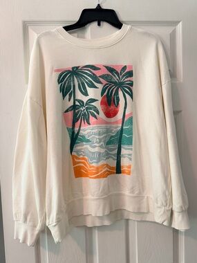 Z Supply Cream Palm-Print Crewneck Sweatshirt with Teal, Pink & Orange Graphic